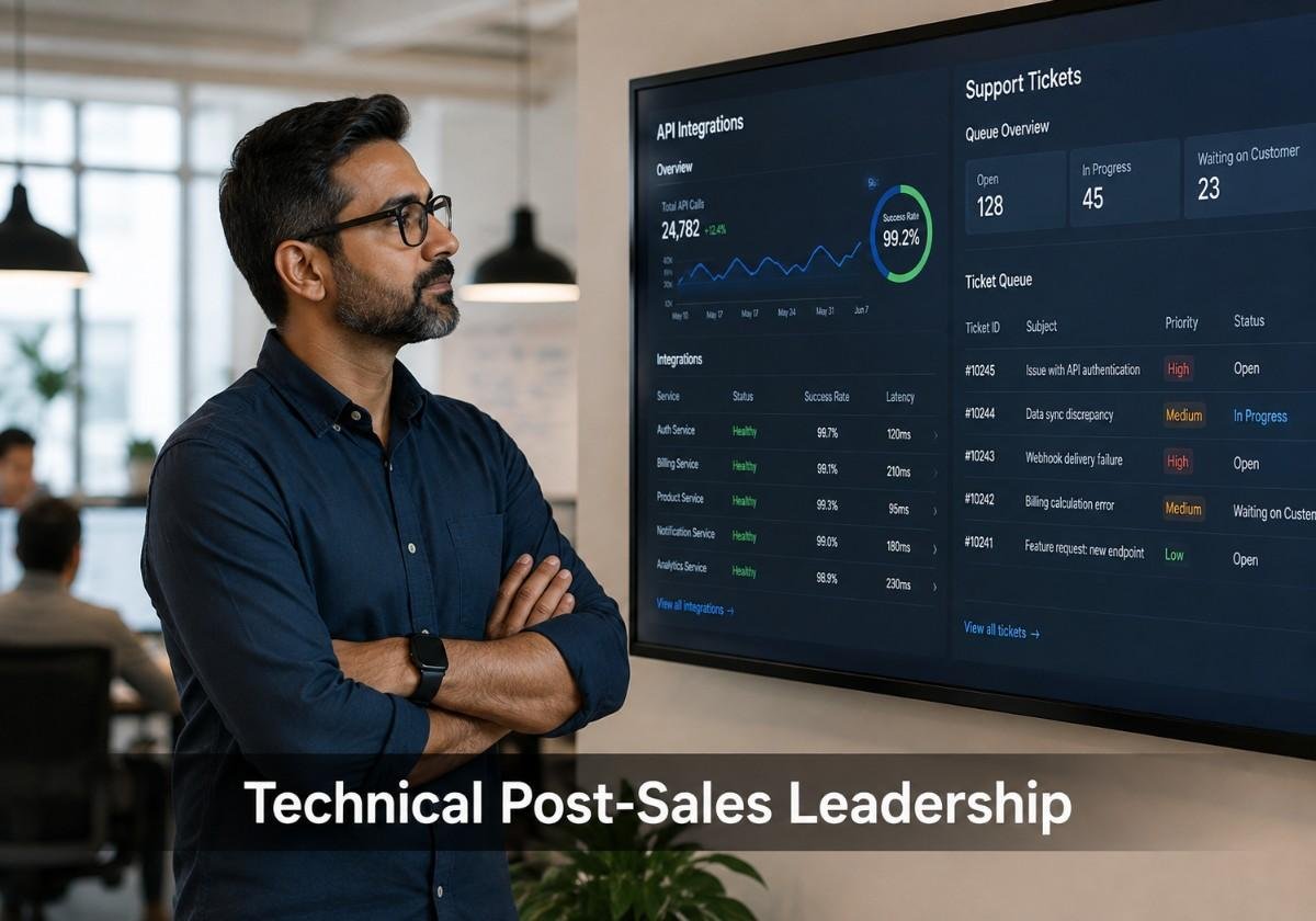 Technical post-sales leader reviewing developer tooling AI integration dashboard