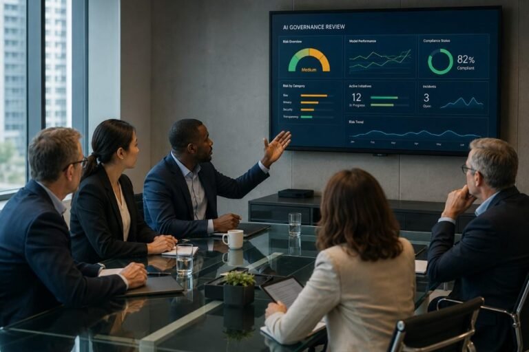 tives reviewing an AI transformation governance dashboard in a boardroom meeting"