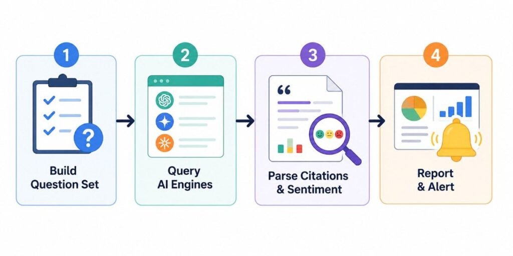"AI search monitoring tools: 4-step process diagram"