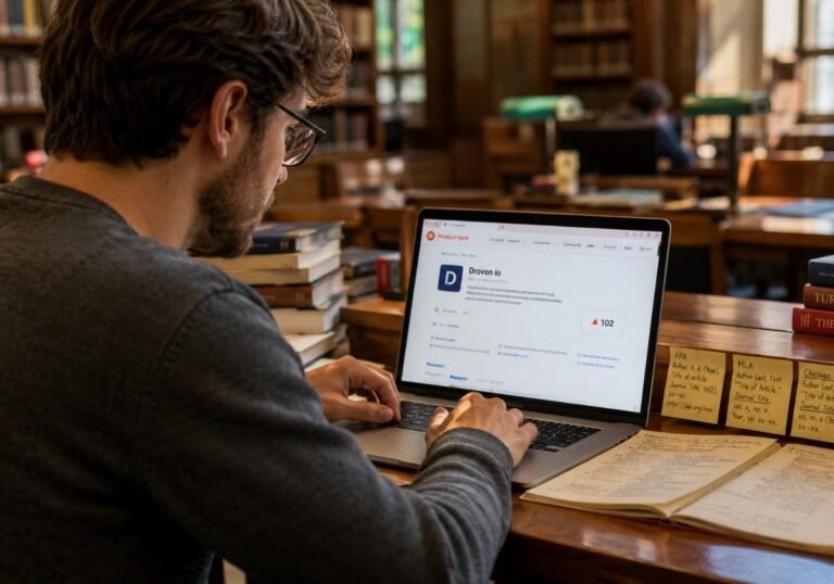 : "Researcher reviewing product hunt profile optimization for an academic AI writing tool on laptop."