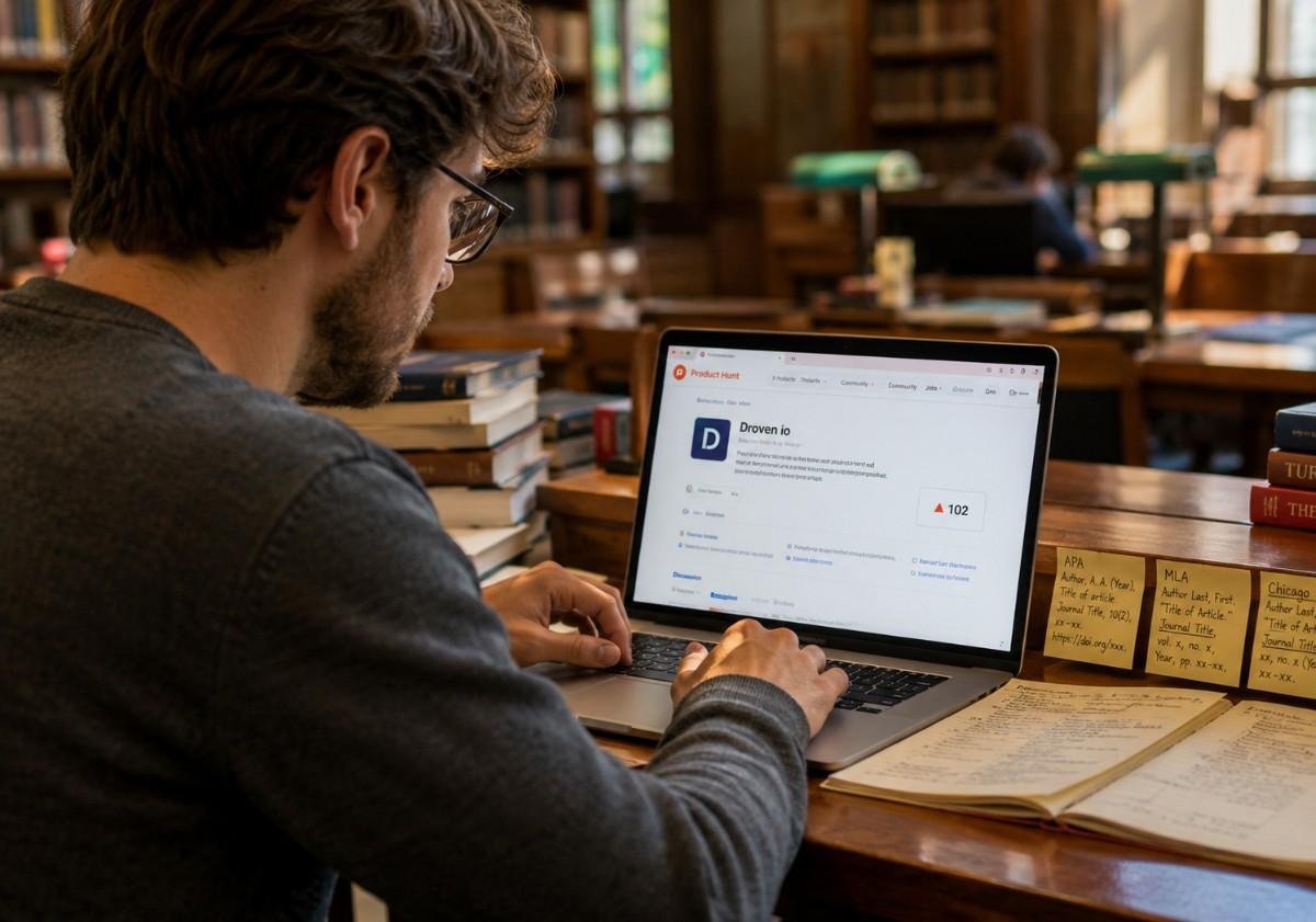 : "Researcher reviewing product hunt profile optimization for an academic AI writing tool on laptop."