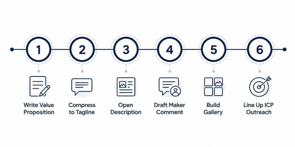 "Six-step process for product hunt profile optimization academic AI writing tool value proposition"