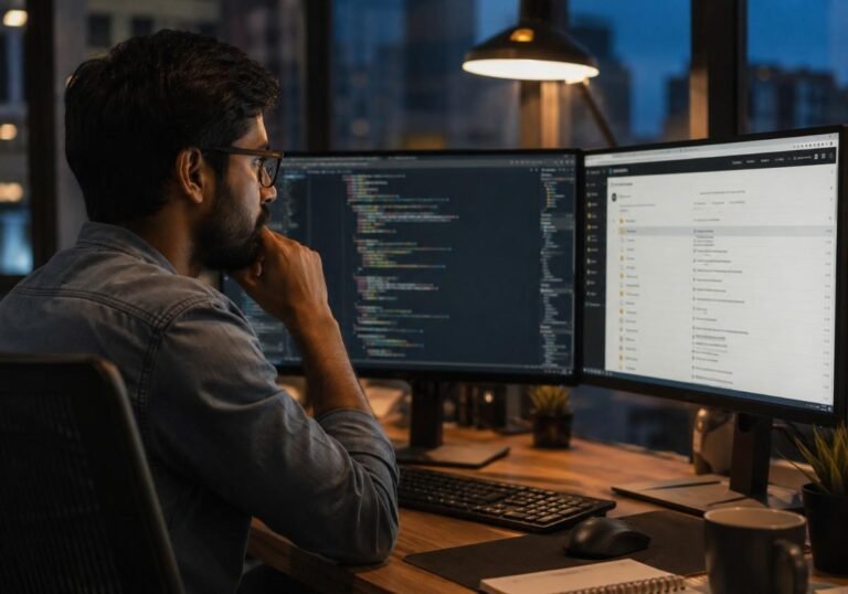 "System prompts and models of AI tools illustrated by a developer reviewing a GitHub repository"