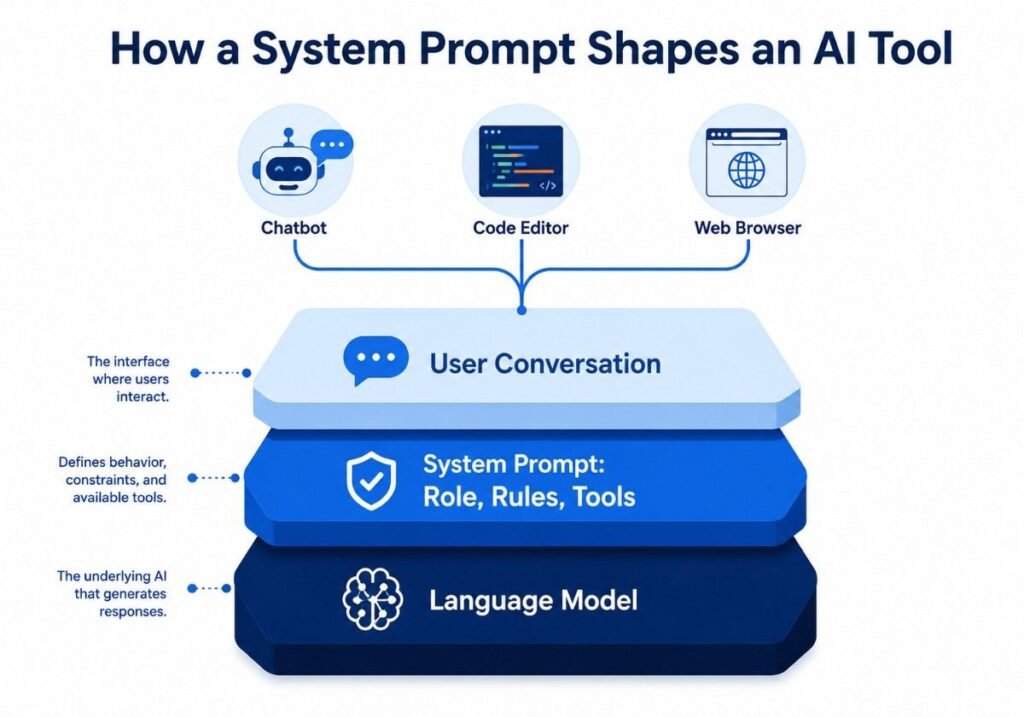"Diagram showing how system prompts and models of AI tools work together in a three-layer stack"