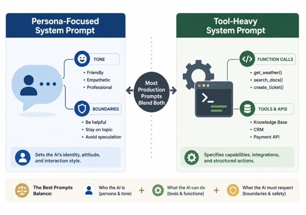 "Comparison of persona focused and tool heavy system prompts and models of AI tools"