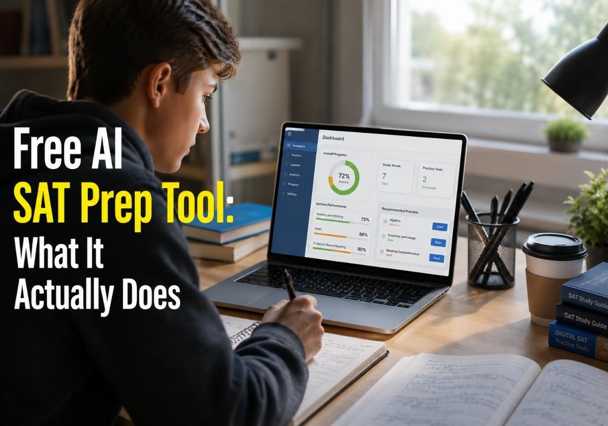 "Student using a free AI SAT prep tool on a laptop to study for the digital SAT"