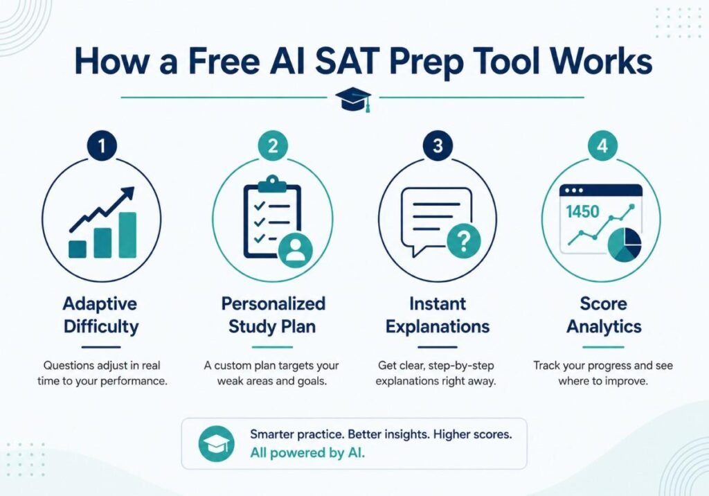 "Infographic explaining how a free AI SAT prep tool uses adaptive difficulty and personalized study plans"