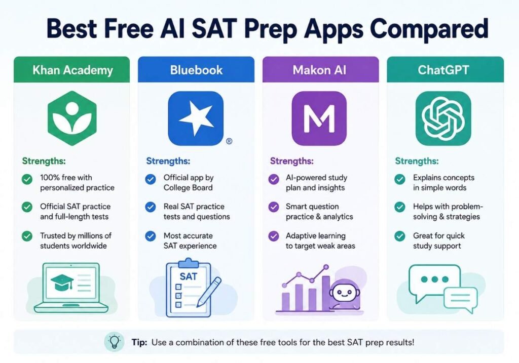 "Comparison chart of the best free AI SAT prep apps including Khan Academy, Bluebook, and Makon AI"