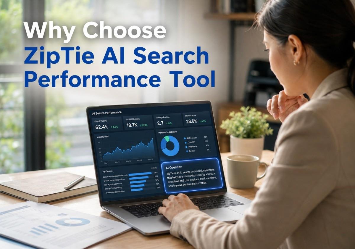 Marketer reviewing why choose ziptie ai search performance tool dashboard on laptop