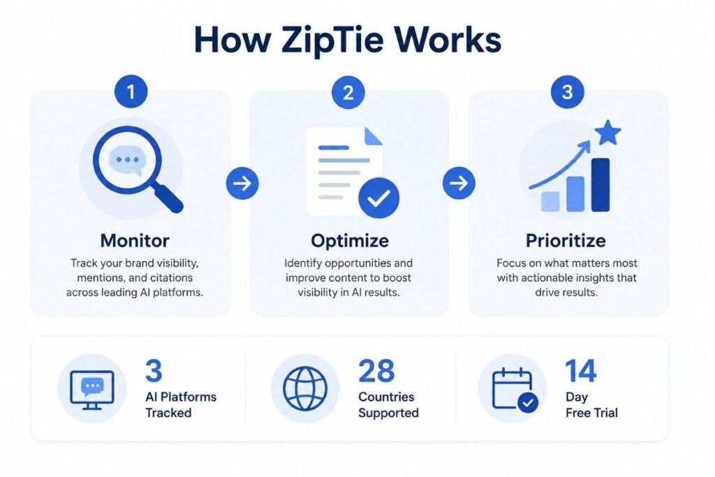 Infographic showing Ziptie AI Search Monitoring Tool's three-step optimization workflow