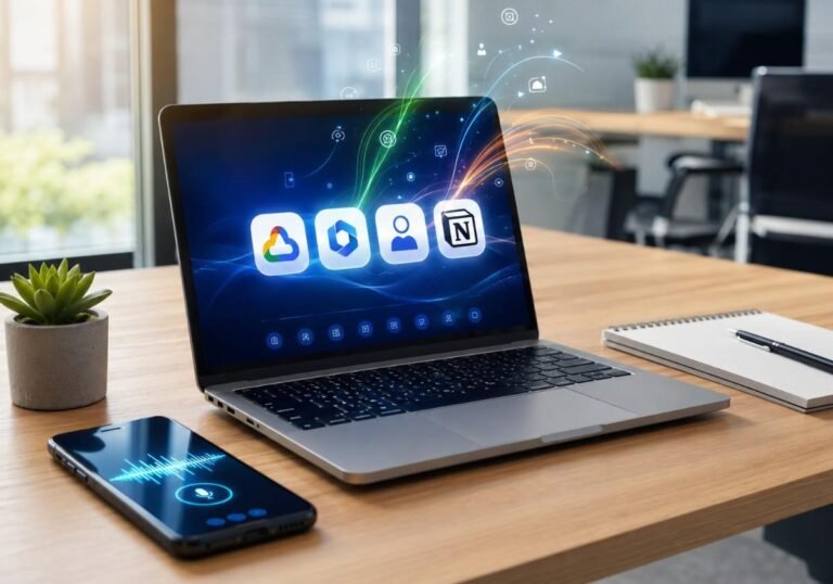 AI productivity tools updates March 2026 shown on laptop and smartphone in modern office