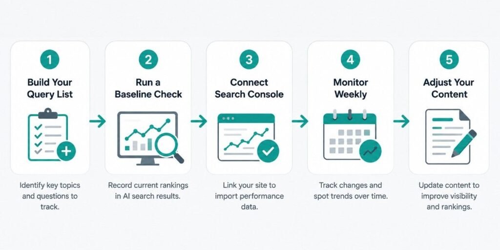 five step process for setting up a rank tracking tool ai mode workflow