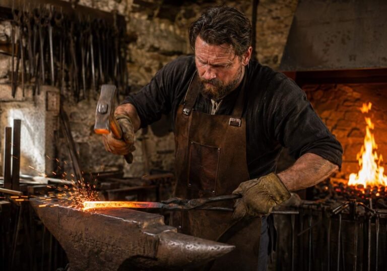 "Blacksmith using blacksmith tools including a hammer and tongs to forge glowing steel on an anvil"