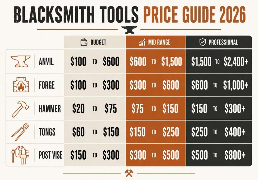 "Infographic showing blacksmith tools price ranges for anvils, forges, hammers, tongs, and vises in 2026"