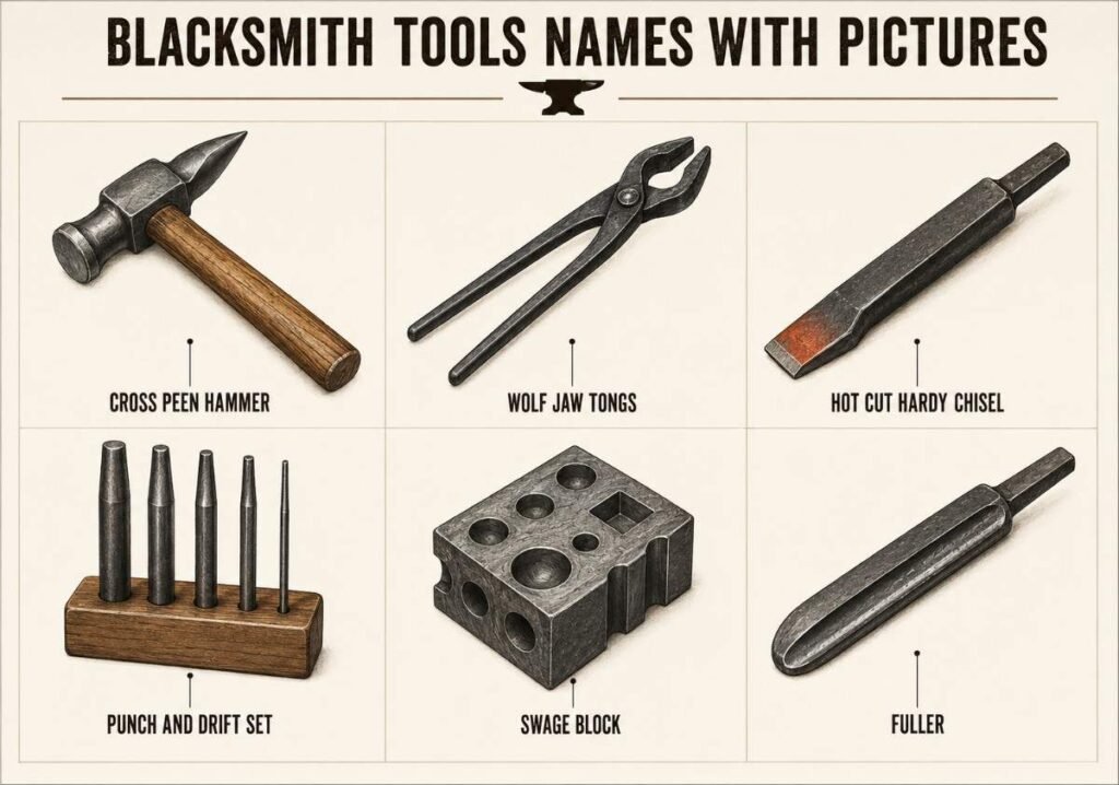 "Blacksmith tools names with pictures showing hammer, tongs, hardy chisel, punch, swage block, and fuller"