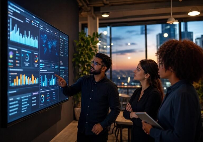 AI marketing agency team reviewing live campaign analytics dashboard