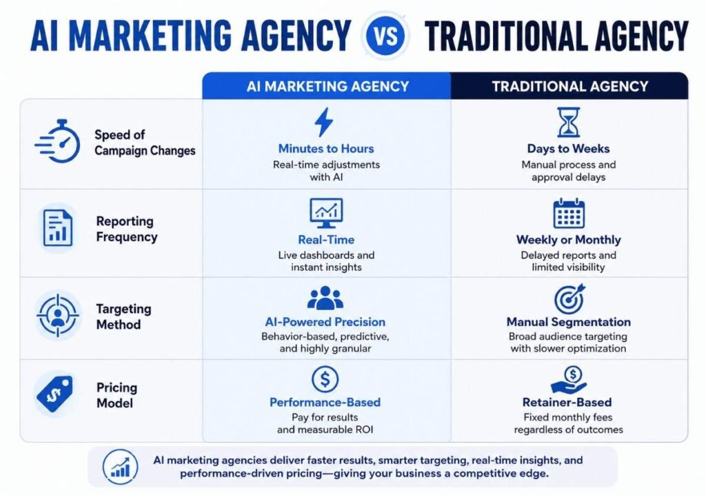 AI marketing agency versus traditional agency comparison infographic