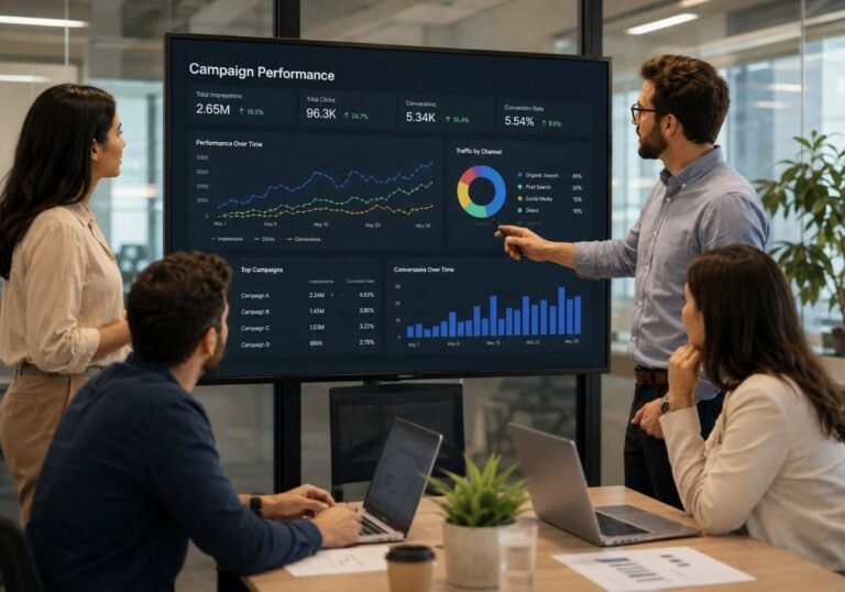 will marketing be replaced by ai team reviewing campaign analytics dashboard
