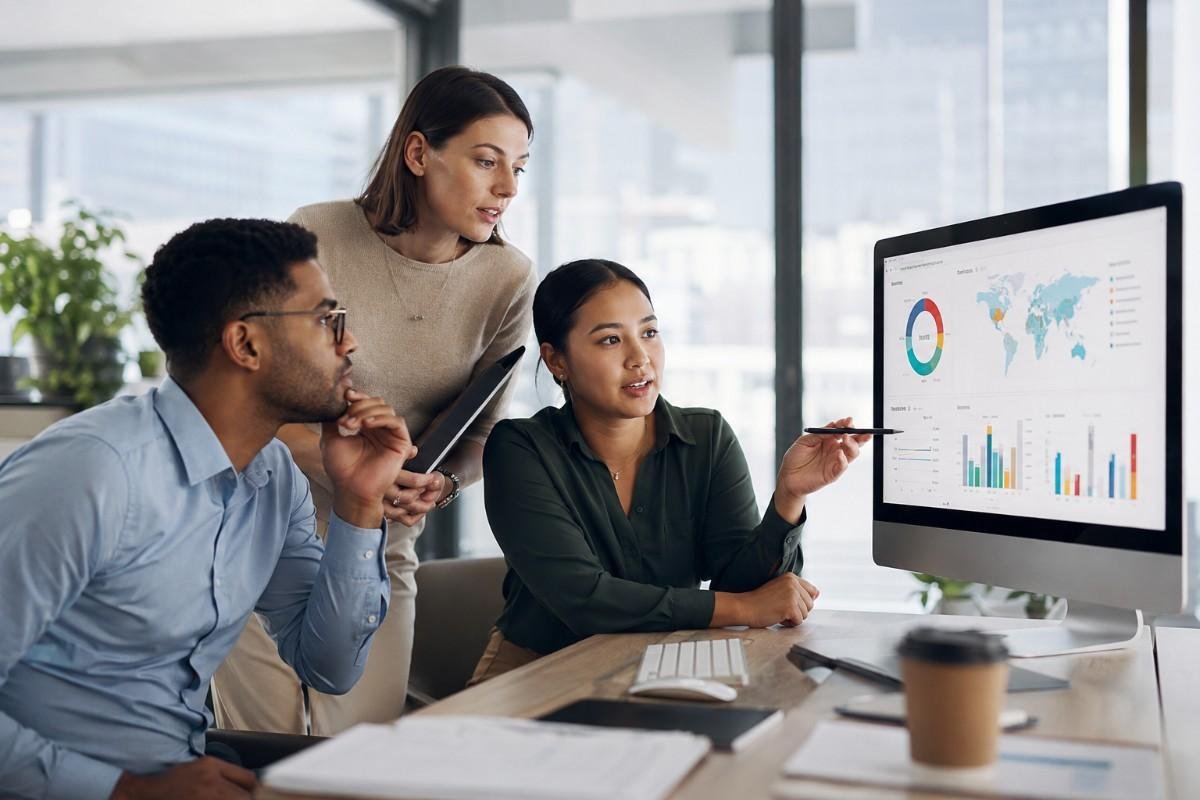 Team using AI in market research to analyze consumer data on screen