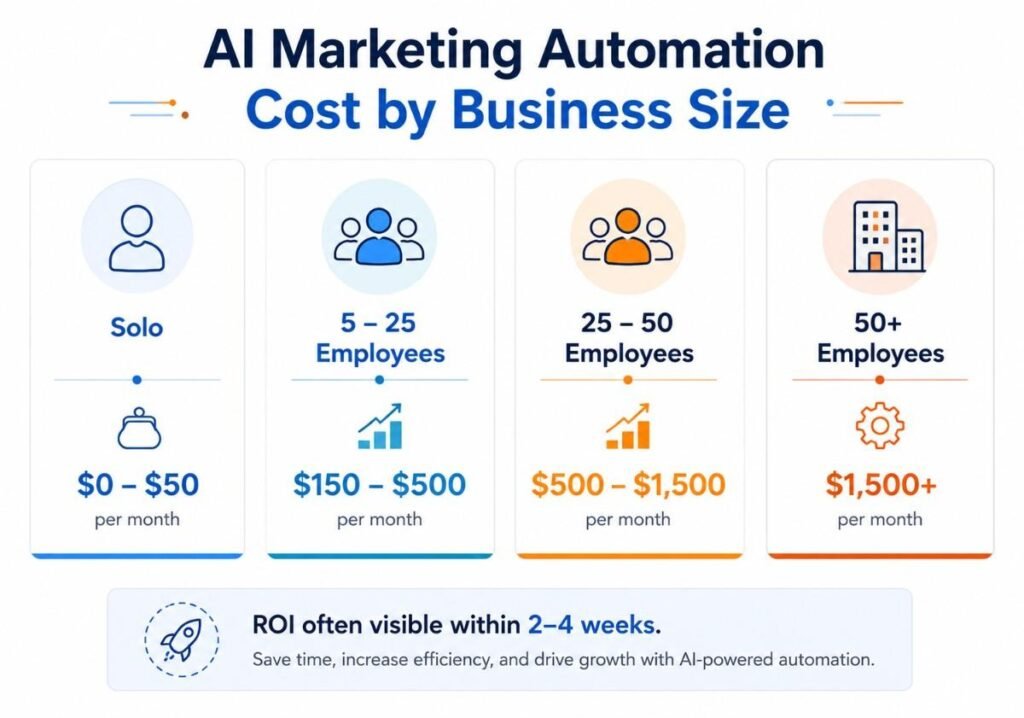 Infographic showing ai marketing automation cost by small business size 