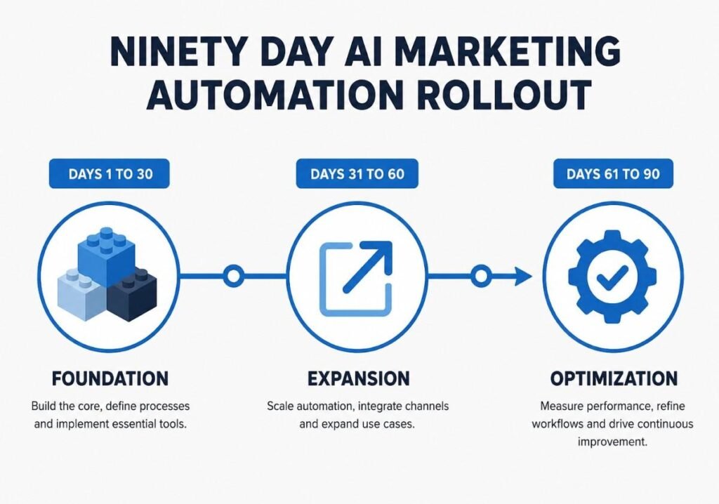 Timeline showing ninety day plan for affordable ai marketing automation rollout for small business
