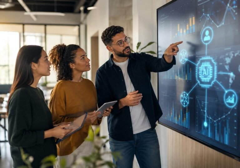 "Marketing team reviewing AI powered analytics dashboard while discussing, 'Can AI replace digital marketing?'"