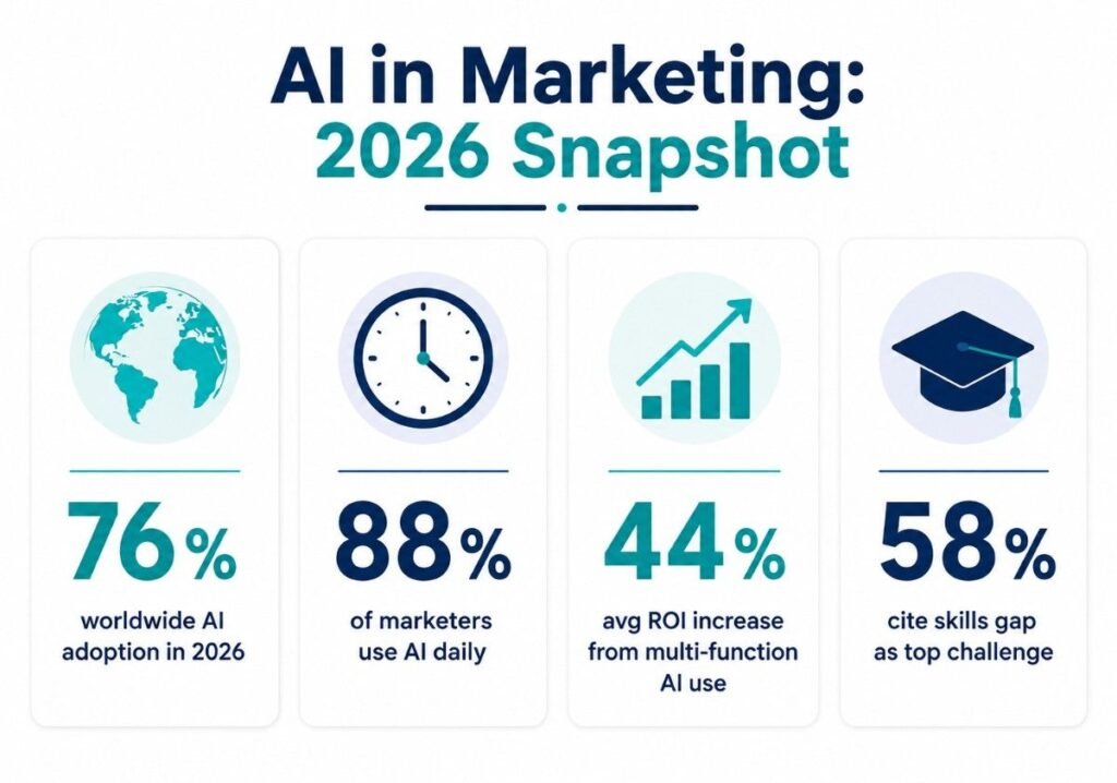 "Infographic showing 2026 AI in marketing statistics answering 'Can AI replace digital marketing?'"