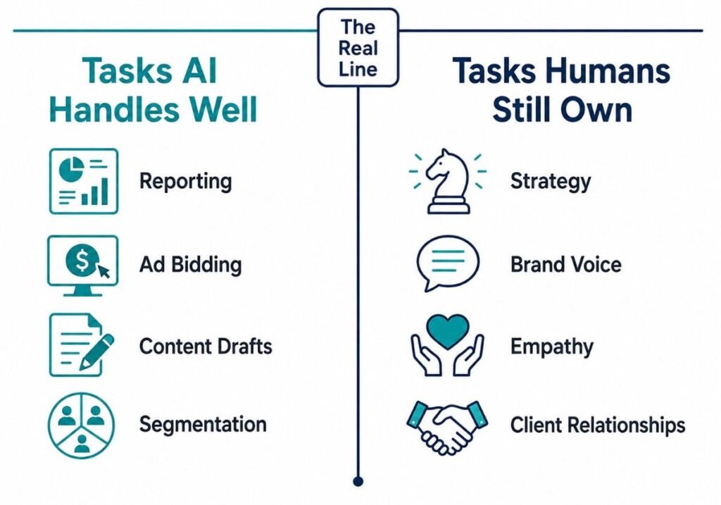 "Diagram comparing tasks AI handles versus human led tasks, addressing can ai replace digital marketing"
