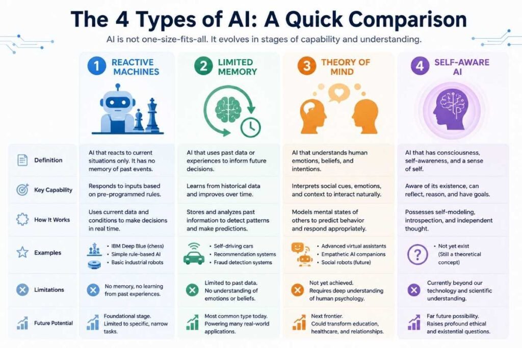 Diagram illustrating the purpose of AI by comparing the four types of AI: reactive machines, limited memory, theory of mind, and self-aware AI.