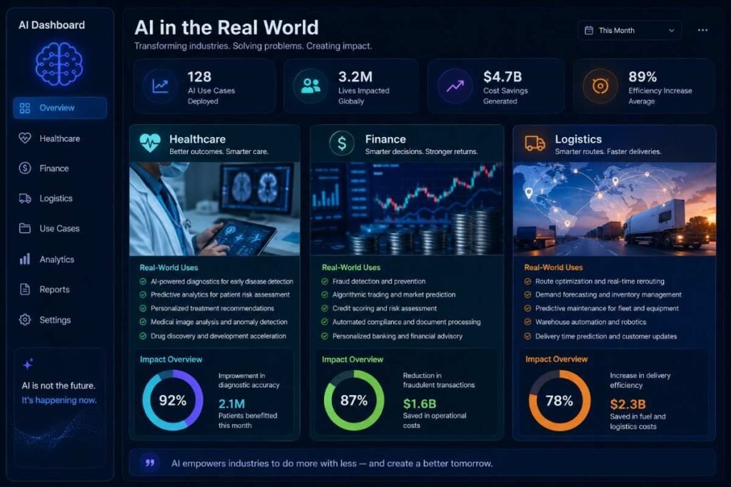 igital dashboard highlighting the purpose of AI in healthcare, finance, and logistics with real-world automation, analytics, and decision support examples.