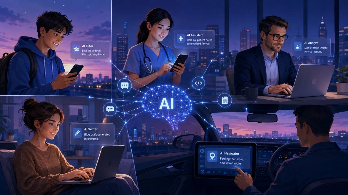 Illustration showing why AI is so popular now, with diverse users connected through AI tools across devices