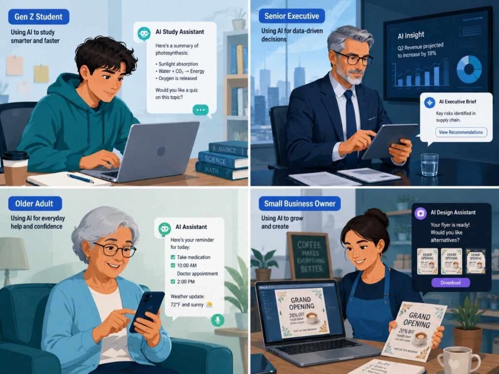 Diverse users showing AI popularity growth across age groups and professions in 2026