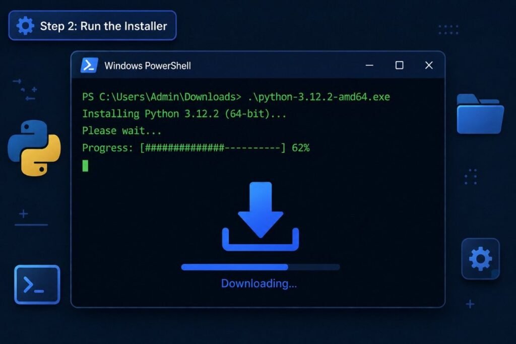"Poetry Windows download command running in a PowerShell terminal window"
Text overlay suggestion: A small label reading "Step 2: Run the Installer" in the top corner, subtle rounded rectangle badge style.