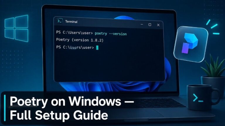 Poetry Windows installation guide showing a terminal setup on a Windows laptop screen" 2. Supporting Image #1 Placement: Inside the "How to Install Poetry on Windows Step by Step" section, right after Step 2 (the download command). Prompt: "Close-up flat illustration of a PowerShell terminal window on a dark background, command line text visible in green monospace font, a downward arrow icon showing a download in progress, minimal tech icons around the edges like a Python logo silhouette and a folder icon, cool blue and dark gray palette, clean vector style." Text overlay suggestion: A small label reading "Step 2: Run the Installer" in the top corner, subtle rounded rectangle badge style. Alt text: "Poetry Windows download command running in a PowerShell terminal window" 3. Supporting Image #2 Placement: Inside the "How to Add Poetry to PATH on Windows" section, right after the numbered step-by-step list. Prompt: "Flat vector illustration of the Windows system settings environment variables panel, simplified and stylized rather than a literal screenshot, showing a folder path being added to a list, an arrow pointing from a folder icon into a path bar, soft orange and slate blue color scheme, clean modern UI mockup style, isometric or flat design." Text overlay suggestion: "Add This to Your PATH" as a short caption banner across the top third of the image. Alt text: "Adding Poetry to PATH on Windows through system environment variables" 4. Infographic Image Placement: Right after the "System Requirements Before You Install" section, before "How to Install Poetry on Windows Step by Step" begins. This spot works well because readers land here right when they're about to commit to the install, and a visual summary reduces drop-off. Prompt: "A vertical infographic with five numbered steps in a flowing top-to-bottom layout, each step represented by a simple icon: a Python logo for checking version, a download arrow for the installer, a terminal icon for running the command, a folder-and-path icon for PATH setup, and a checkmark for verification, connected by a thin curved line, flat design, consistent icon style, teal and navy color palette with white background, clean sans-serif labels next to each icon." Text overlay suggestion (built into the infographic itself): Check Python 3.10+ Run the installer Let it install Add to PATH Verify with poetry --version Alt text: "Infographic showing five steps for Poetry Windows installation and PATH setup" Quick heading-to-image map Image Goes right after this heading Feature image Title, before Introduction Infographic System Requirements Before You Install Supporting image #1 Step 2 in How to Install Poetry on Windows Step by Step Supporting image #2 Step by Step list in How to Add Poetry to PATH on Windows A couple of practical notes: keep every alt text under about 125 characters so screen readers and Google both parse it cleanly, and don't stuff the keyword into all four, one or two natural mentions is enough. Forcing it into every single alt tag reads as spammy to search engines.