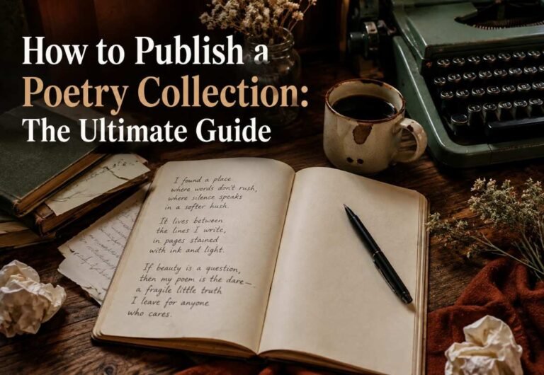 How to publish a poetry collection guide showing a poet's notebook and writing desk"