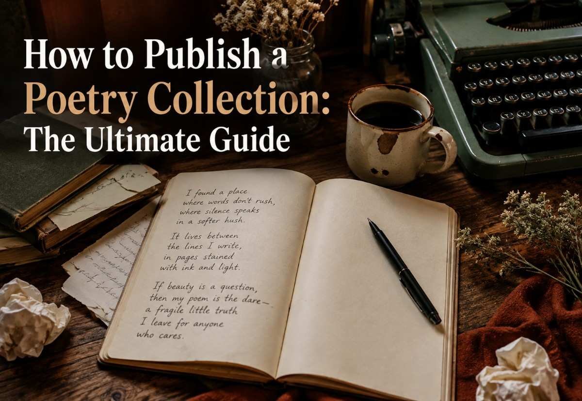 How to publish a poetry collection guide showing a poet's notebook and writing desk"