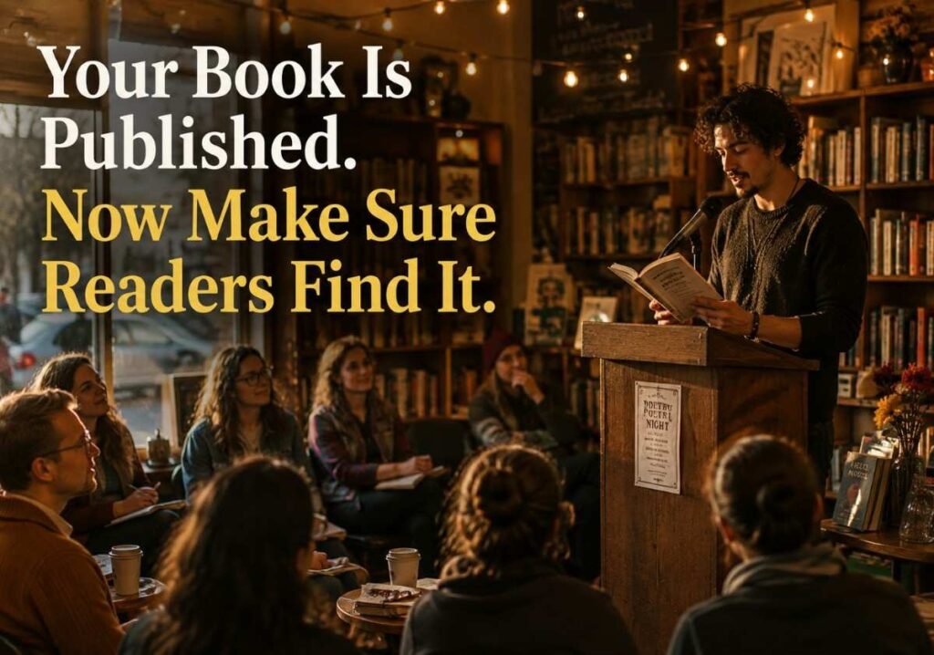 "Poet reading at a local bookstore event after learning how to publish a poem book"