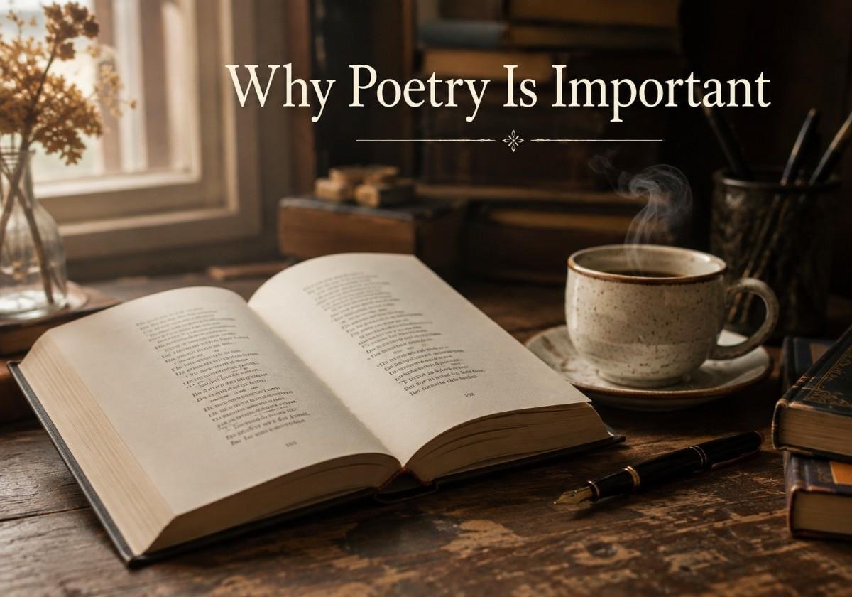 Open poetry book on wooden desk illustrating why poetry is important in daily life