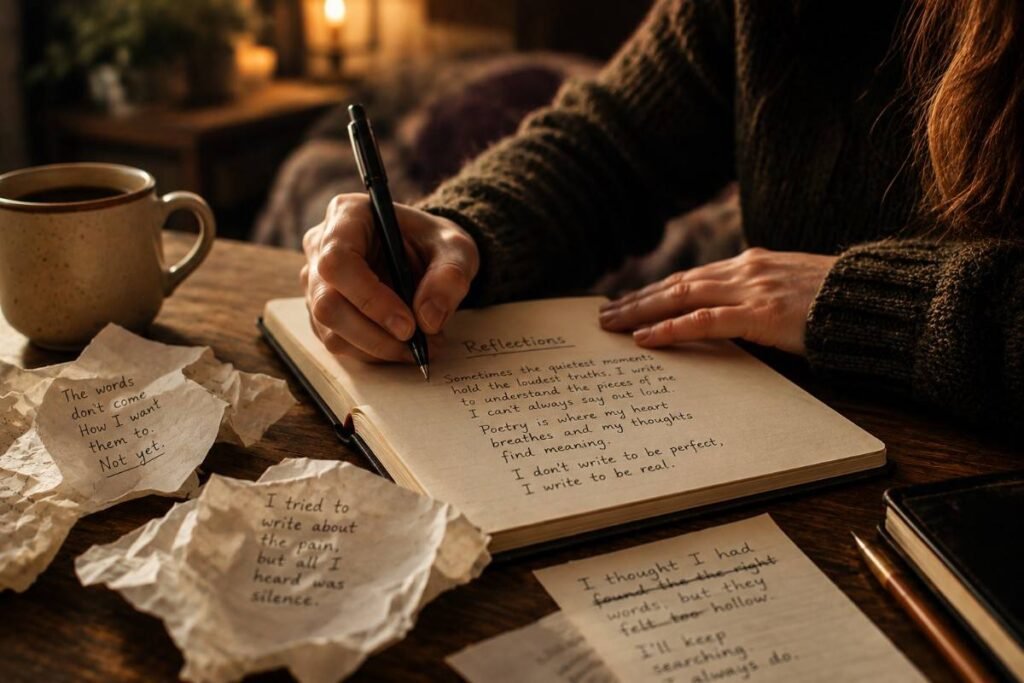 Person journaling to show the emotional benefits of poetry for wellbeing