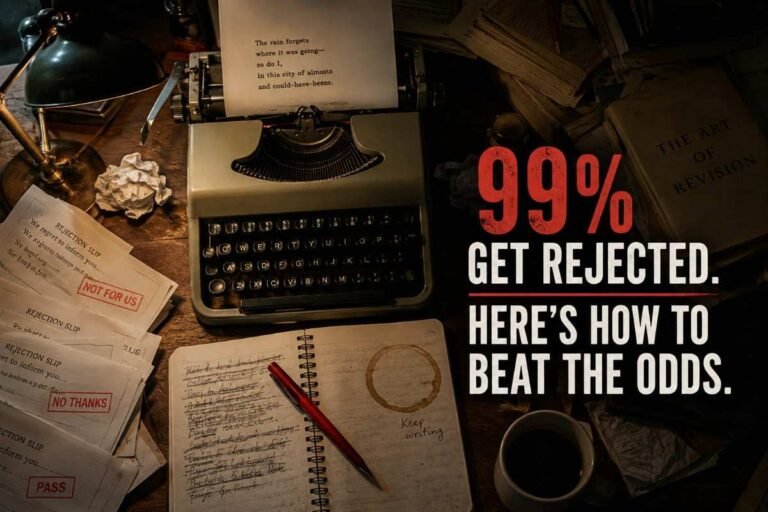 How to get poetry published — writer's desk with rejection slips and edited poem draft
