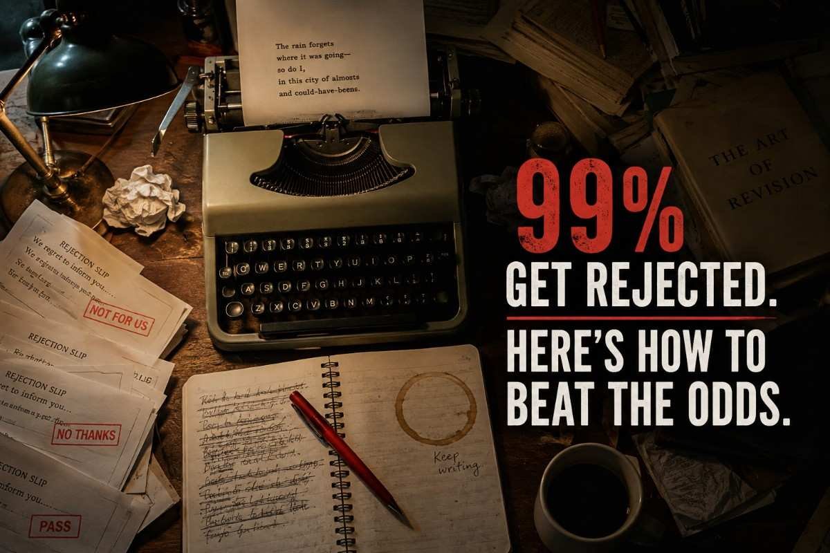 How to get poetry published — writer's desk with rejection slips and edited poem draft