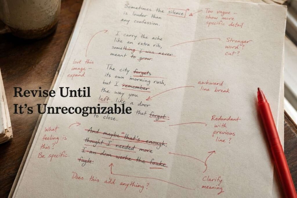 How to get poetry published — hand-edited poem manuscript with revision notes