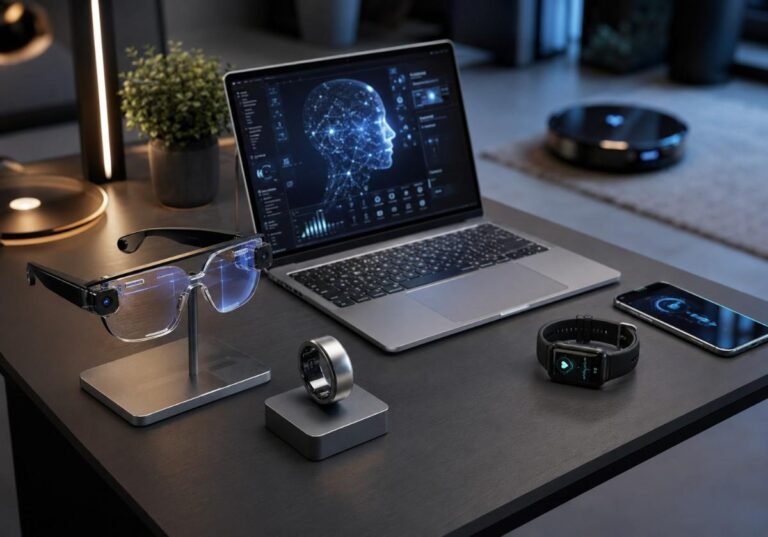 Droven io new gadgets 2026 lineup featuring AI smart glasses, smart ring, AI laptop, and wearables on a modern desk"