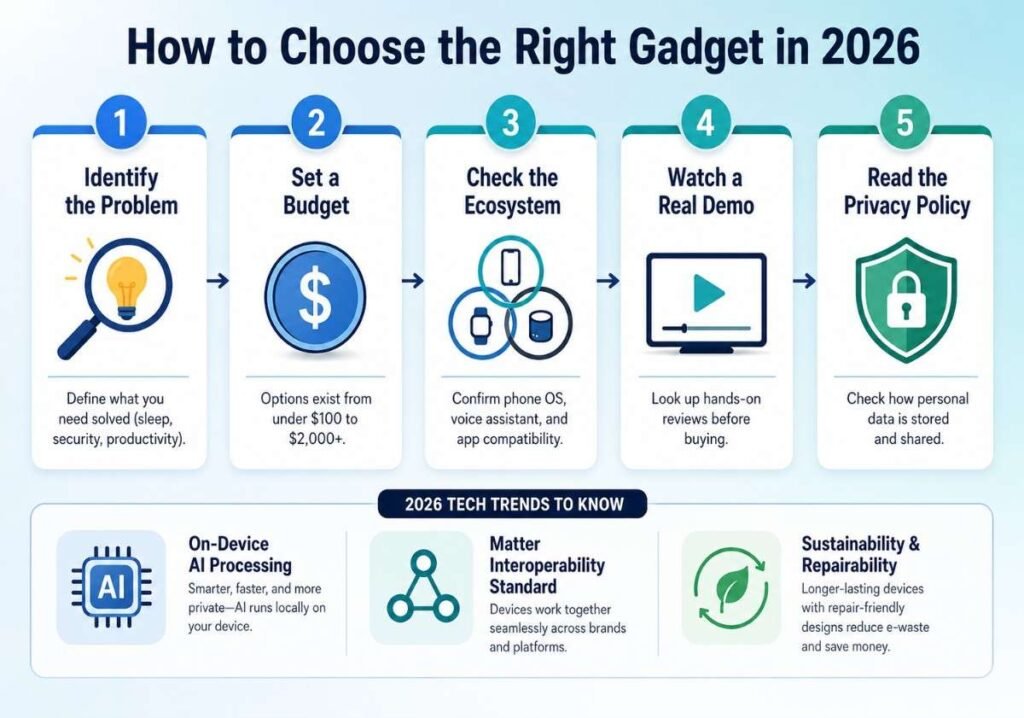 "5-step buying guide flowchart for choosing Droven io new gadgets 2026 based on budget, ecosystem, and privacy