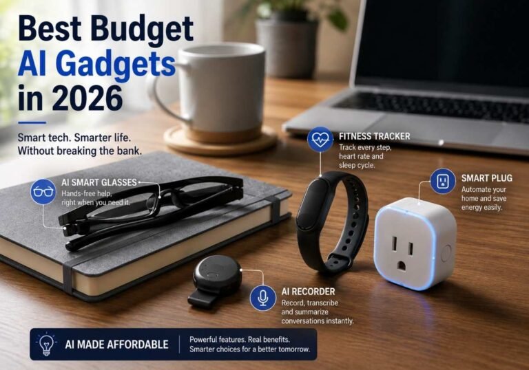 st budget AI gadgets 2026 under $100 including a clip on AI recorder, smart glasses, fitness tracker, and smart plug on a desk