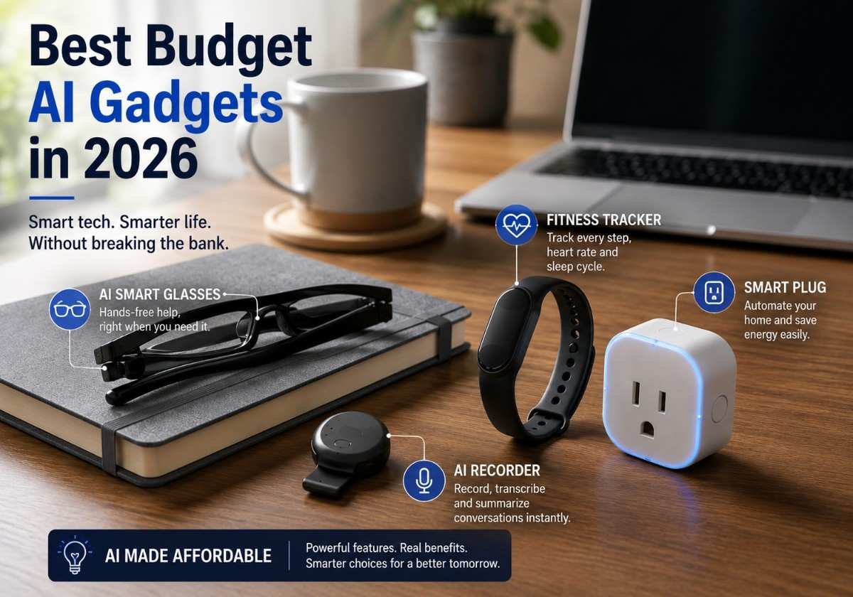 st budget AI gadgets 2026 under $100 including a clip on AI recorder, smart glasses, fitness tracker, and smart plug on a desk