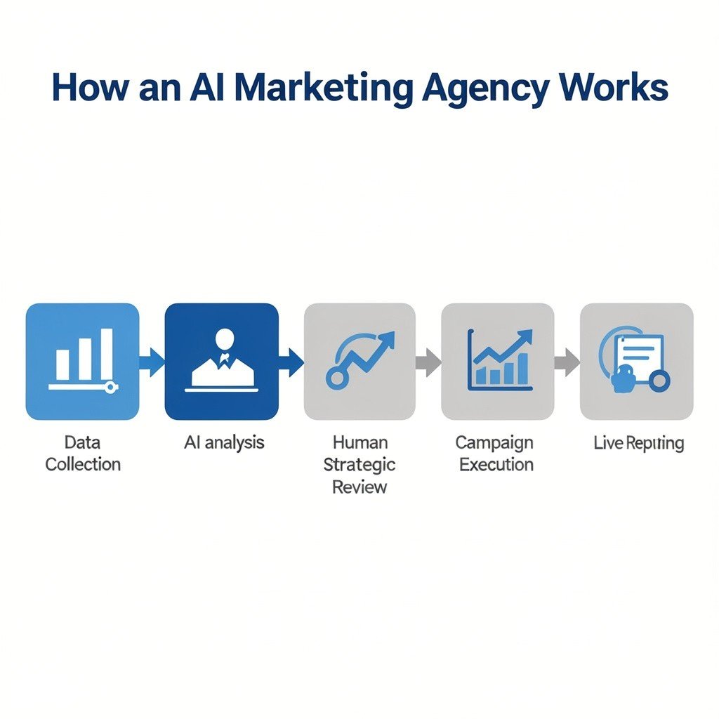 How an AI marketing agency works: a five-step process diagram